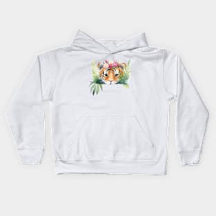 Cute Baby Girl Tiger With Floral Crown Kids Hoodie